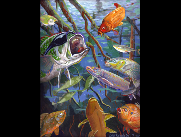 Acrylic painting for children's book 'Larry the Largemouth Bass'